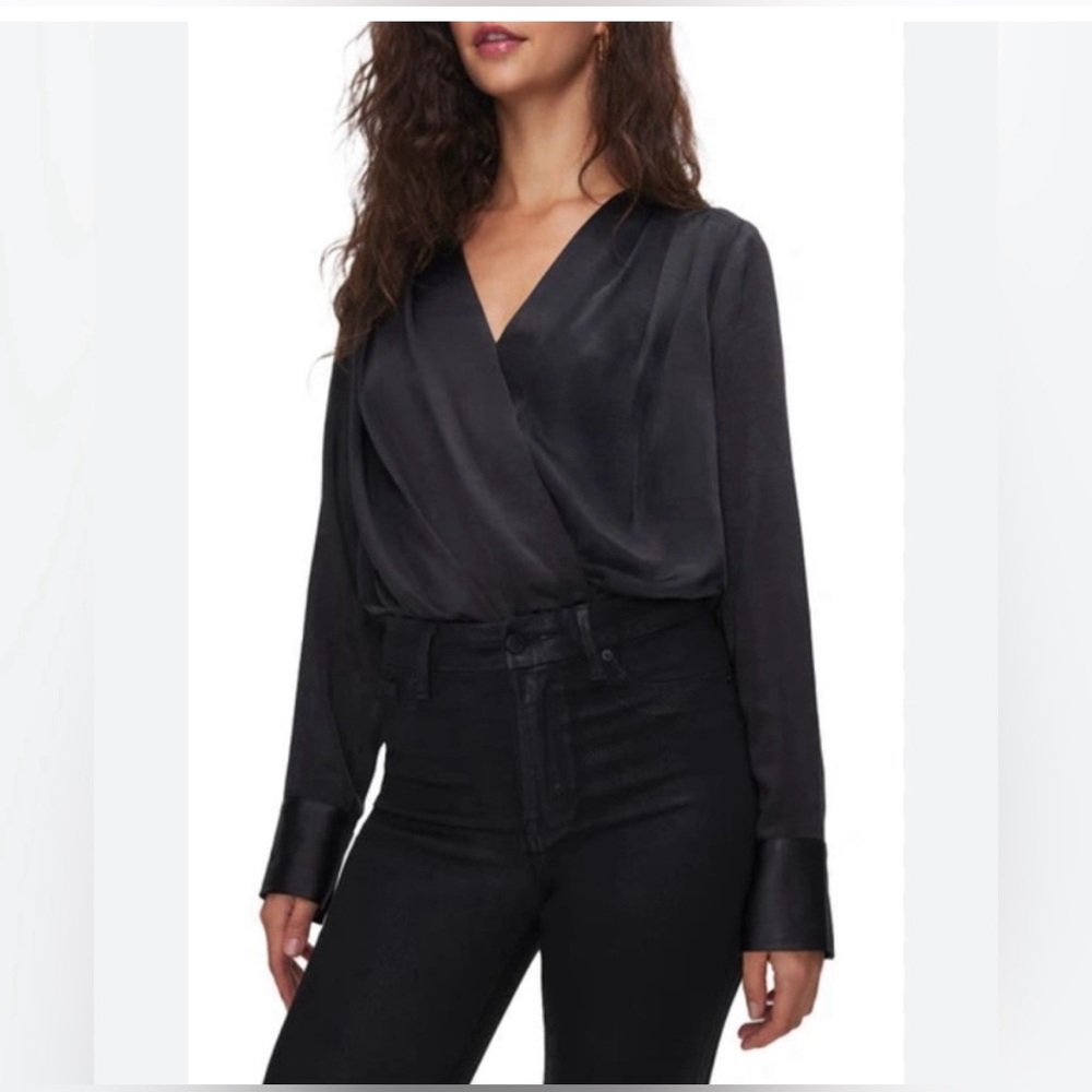 Good American Long Sleeve Washed Satin Wrap Front Bodysuit Medium